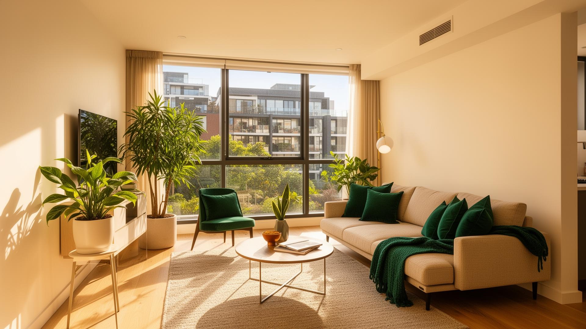 Bright shared living room with emerald accents